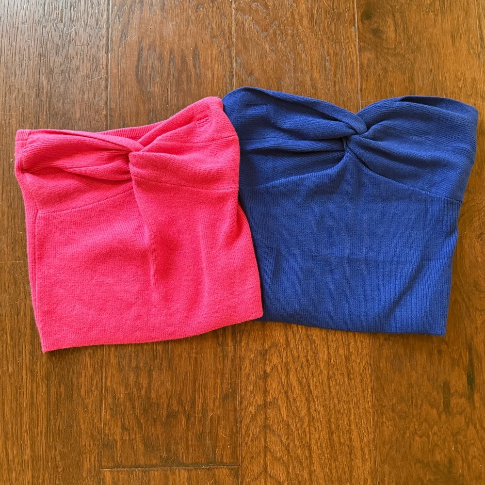 Lot of 2 Blue & Pink Knit Strapless Twist Front Crop Tube Tops - Womens XS